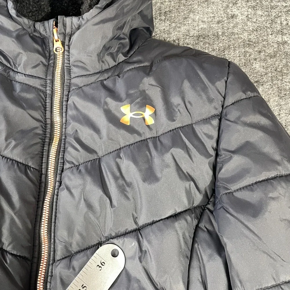 Under Armour Jacket Girls Extra Large Black Puffer Fleece‎ Lined Hooded Sparkle